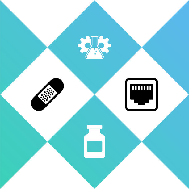 设置绷带膏、药瓶、生物工程和网口电缆插座图标。向量图片下载