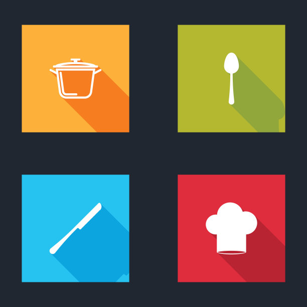 设置烹饪锅，勺子，刀和厨师帽图标。向量图片下载