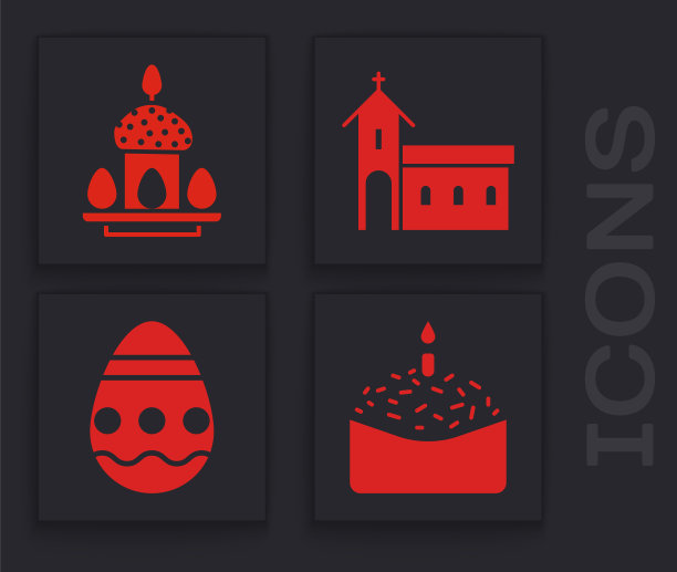 设置复活节蛋糕和蜡烛，复活节蛋糕和蛋，教堂建筑和复活节蛋图标。向量图片下载