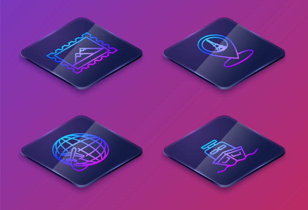 设置等距线邮政邮票和山，地球仪飞行飞机，地图指针与埃菲尔铁塔和船舶。蓝色方块按钮。向量图片下载