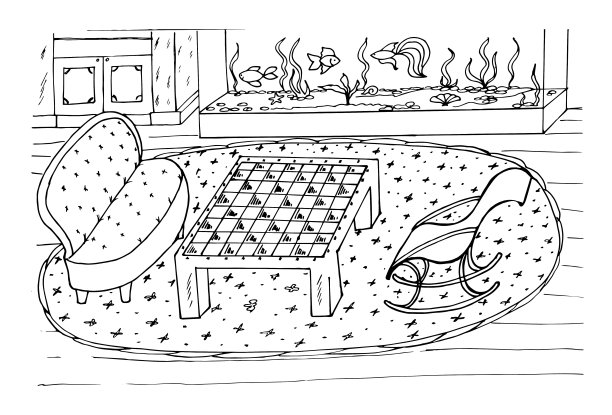 涂色书，房间里有一张国际象棋桌，水族馆里有鱼，还有椅子。矢量插图与一个舒适的家设计图片下载