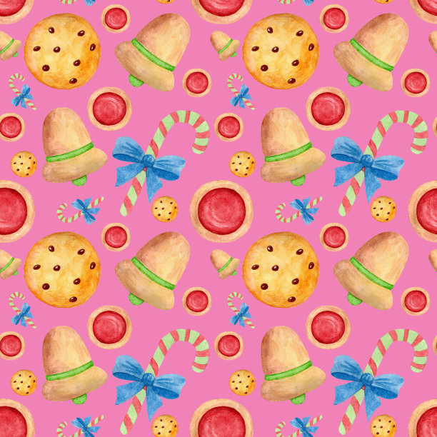 圣诞节无缝模式与糖果孤立在粉红色的背景。图片下载