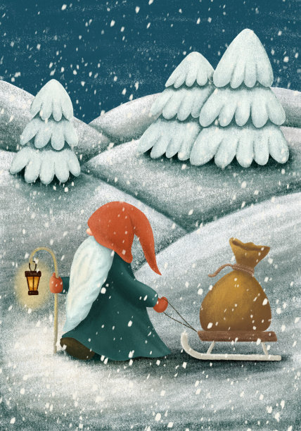 圣诞贺卡，明信片与斯堪的纳维亚地精。北欧民间传说精灵，尼森在冬天的风景与下雪的圣诞树和雪花携带袋礼物在雪橇上图片下载