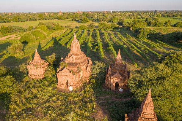 蒲甘地区及农田鸟瞰图图片下载