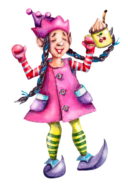 水彩插图。可爱的圣诞小精灵圣诞老人孤立在白色背景图片下载