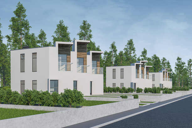 3d渲染的现代光联排舒适的小房子出售或出租与草坪上的许多草。在晴朗的蓝天下。角度看街景图片下载