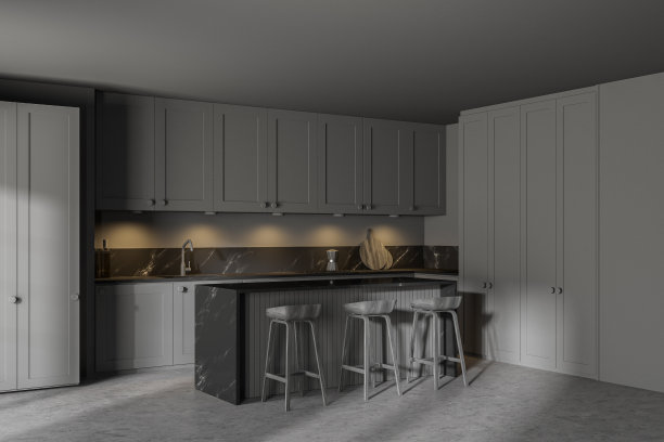 时尚的灰色厨房角落与酒吧图片下载