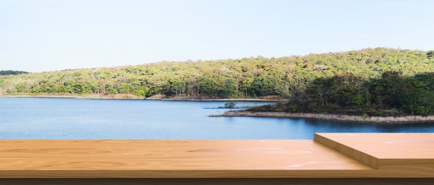 空木桌顶山景岛和海滩抽象背景在夏季假期和复制空间背景。产品展示在新鲜的自然。- 3 d渲染图片下载