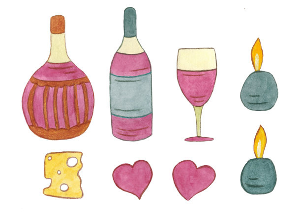 一套水彩元素的浪漫晚餐。情人节。图片下载
