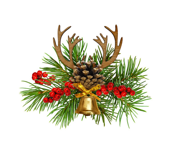圣诞安排与绿色云杉树枝，红色浆果，锥体，金钟和木制鹿角孤立在白色图片下载