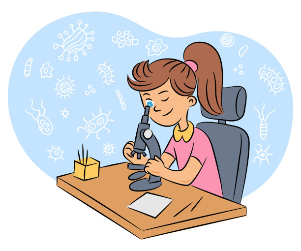 小女孩研究员通过显微镜观察图片下载