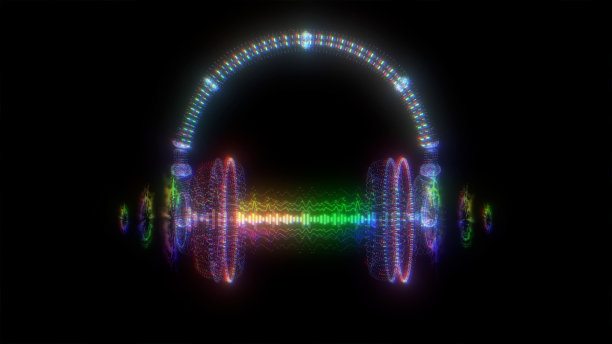 未来的耳机全息图和音频波形图片下载