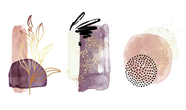水彩抽象造型，几何透明元素在金紫罗兰波西米亚美学。完美的小册子，传单，名片，网络海报，室内设计，水疗和美容广告素材图片