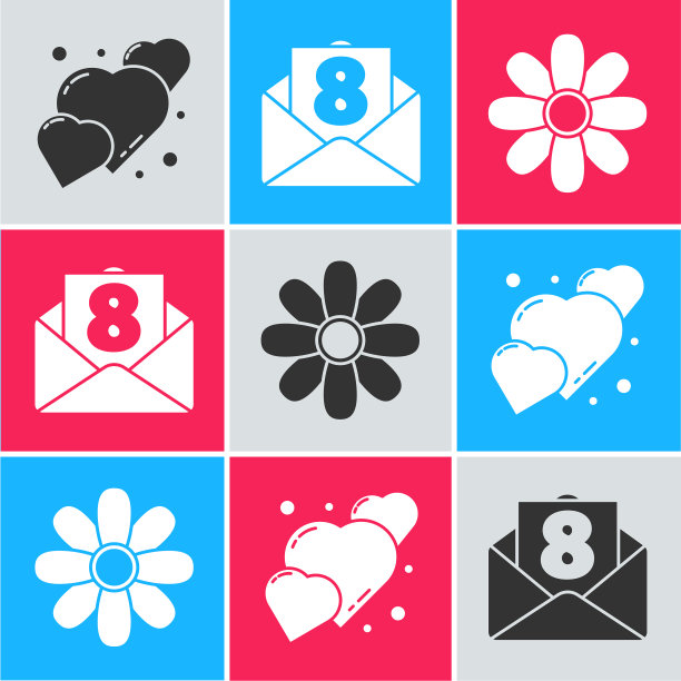 心形信封，3月8日和花的图标图片下载