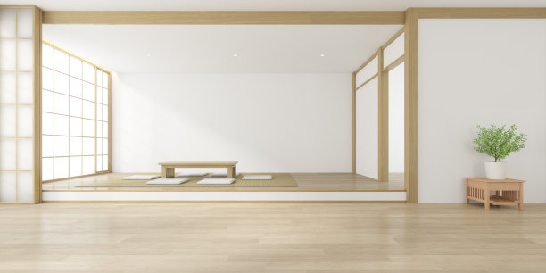 3D渲染的客厅，一个座位和小桌子在木地板上，韩国传统的室内设计。图片下载