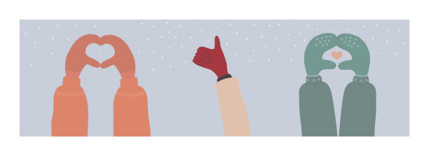 戴手套的手势。手在冬天的背景上显示心形标志图片下载