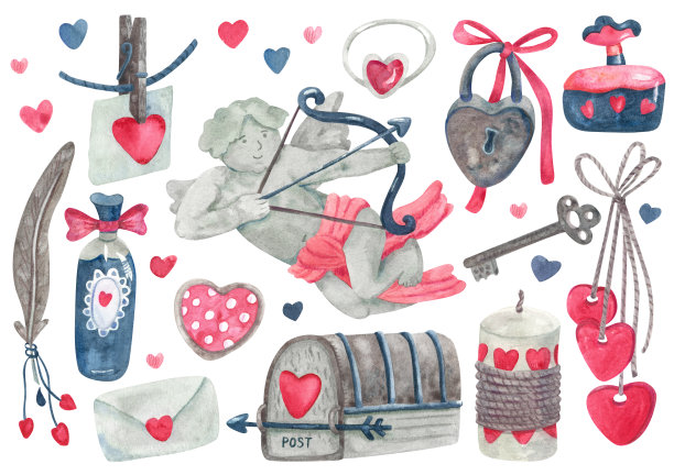 水彩设置与情人节复古风格的装饰。图片下载