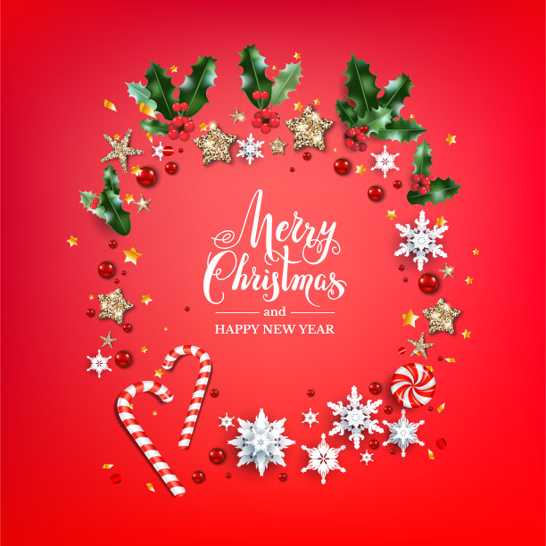 冬青和雪花组成的节日花环图片下载