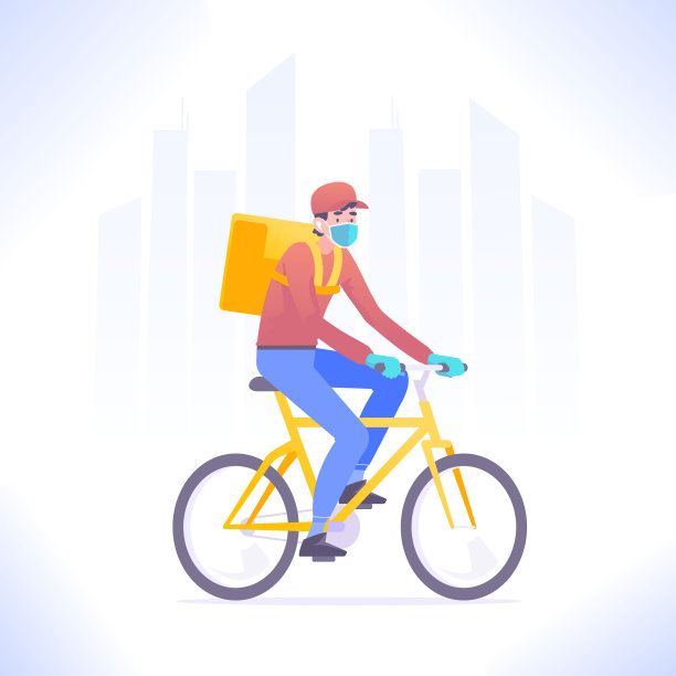 检疫交付的概念。快递员戴着口罩和手套骑着自行车，递送包裹或包裹盒子。快速送货服务，矢量插图图片下载
