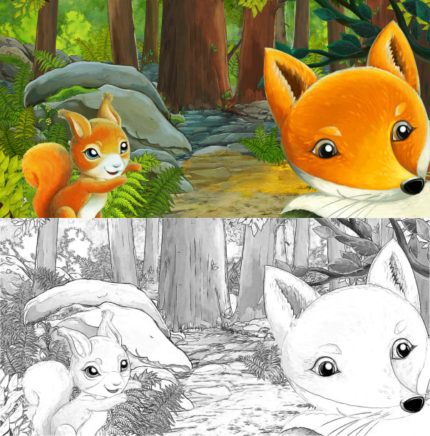 卡通场景与素描与友好快乐的动物在森林插图图片下载