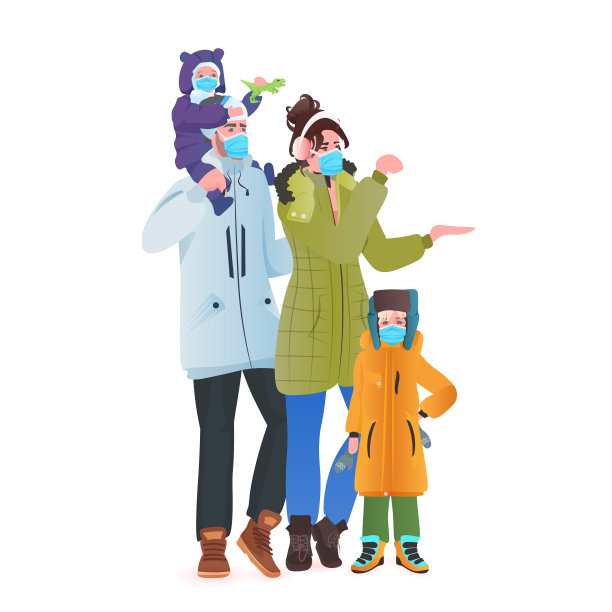 家人在冬装上戴口罩预防冠状病毒大流行图片下载