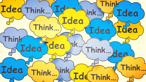 由积极的词语“想法”和“思考”组成的思想泡泡组成的五彩词汇云图片下载