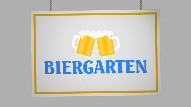 啤酒花园(beer garden)用绳子吊着的德国硬纸板标牌。包括剪切路径，以便您可以放置自己的背景。图片下载