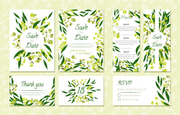桉树设计婚礼邀请菜单RSVP图片下载