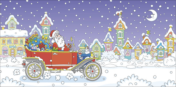 圣诞老人开着他带着礼物的复古车图片下载