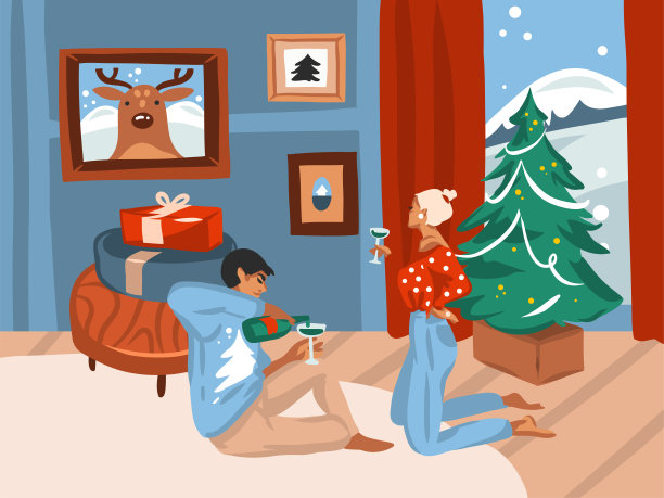 手绘矢量抽象有趣的股票平圣诞快乐，和新年快乐的卡通圣诞贺卡可爱的插图幸福的夫妇在家里一起孤立的颜色背景图片下载