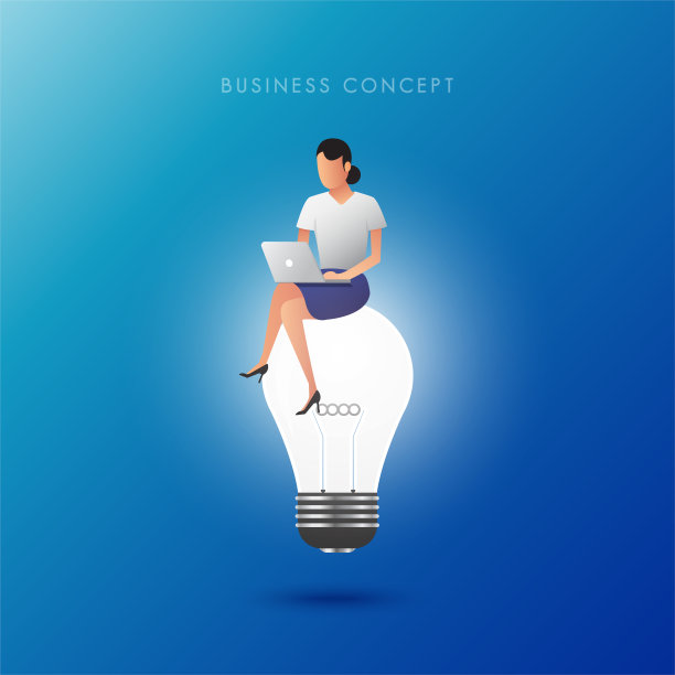 在灯泡上工作的女人。创造性思维和观念。矢量插图。图片下载