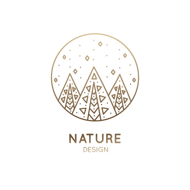 向量标志的自然元素风格神圣的几何。树木和星雨景观的线性图标-商业标志，徽章旅游，农业，生态概念，健康，水疗，瑜伽中心图片下载