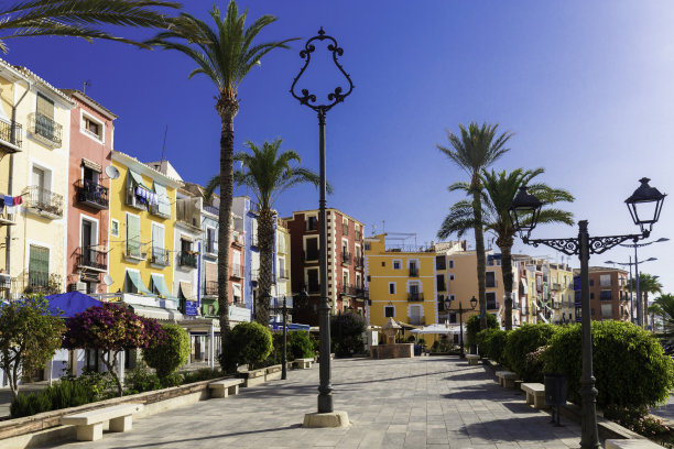 美丽的长廊，鲜花，棕榈树，树木映衬着西班牙维拉乔伊萨古城多彩的房屋。图片下载