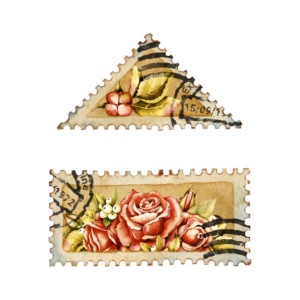 空白邮票、邮戳。复古玫瑰，槲寄生浆果。水彩手绘插图孤立的白色背景。邮件设计，邮政通信，剪贴簿，手工，明信片图片下载