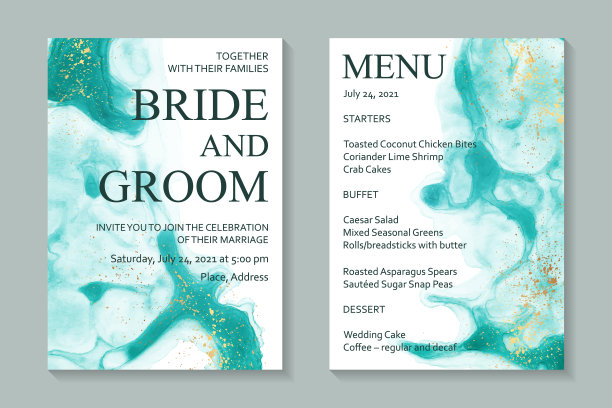 婚礼请柬用绿色水彩波浪或酒精墨水风格的流体艺术与金色的白色。图片下载