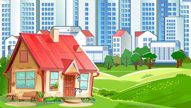 一座大型现代化城市郊区的老房子。郊区的草地和田野。舒适的家。平的卡通风格。插图。向量图片下载
