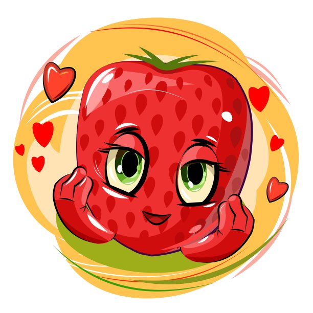 草莓欢快的笑了。多汁的红色浆果，有口鼻。卡通风格。孤立在白色背景上。矢量插图。明亮的夏日作文。图片下载