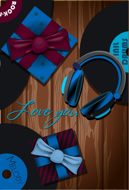 附有耳机的父亲节卡片和礼物。插图与顶视图上的木制背景。用爱心、唱片、礼物祝贺你，打字我爱你。矢量绘制横幅，传单或网络广告。图片下载