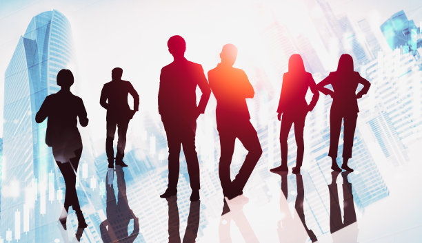 以城市为背景，塑造了众多商业人士聚在一起的抽象形象图片下载