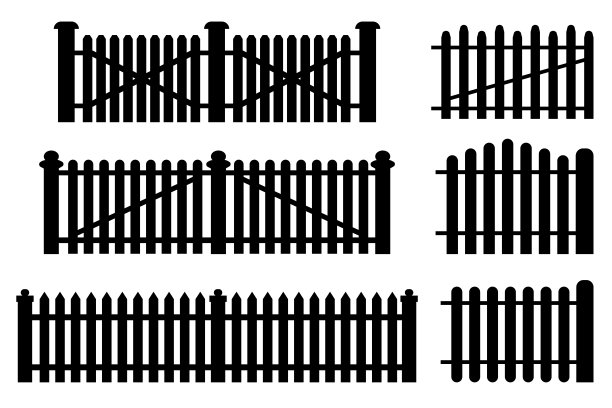 卡通插图与黑色篱笆剪影在白色背景的装饰设计。股票的形象。每股收益10。图片下载
