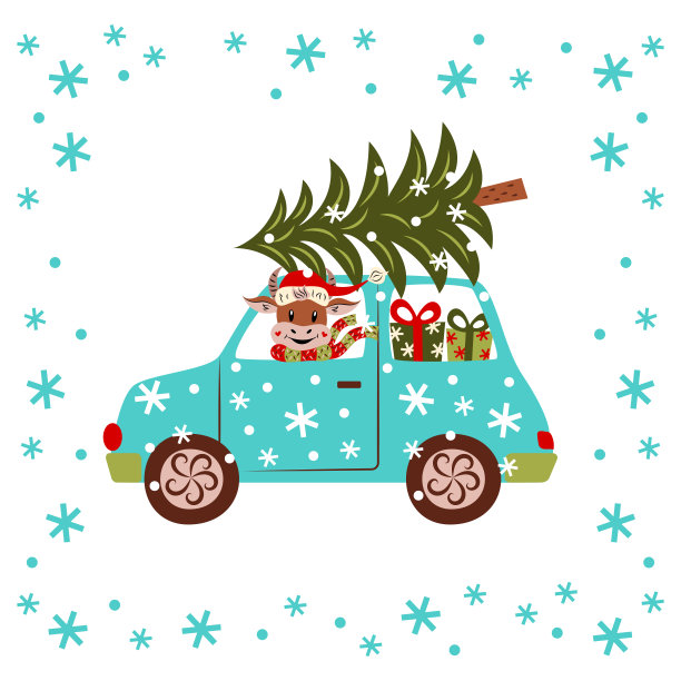 公牛驾驶着一辆车，扛着一棵装满礼物的圣诞树。卡通人物。新年的象征。副本的空间。平面设计。向量。有趣的动物。孤立的图像白色背景。卡。图片下载