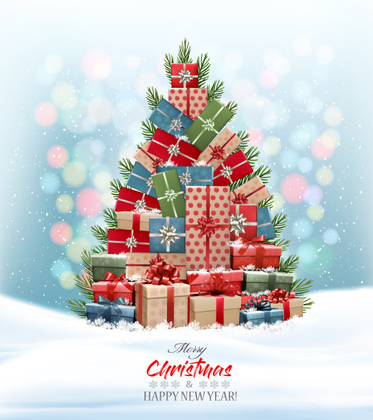 圣诞节背景与圣诞树制成的彩色礼盒和礼物。矢量图图片下载