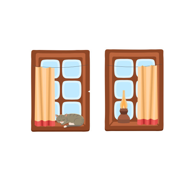 带猫的俄国窗，窗帘和煤油灯。卡通矢量插图孤立的白色背景。图片下载