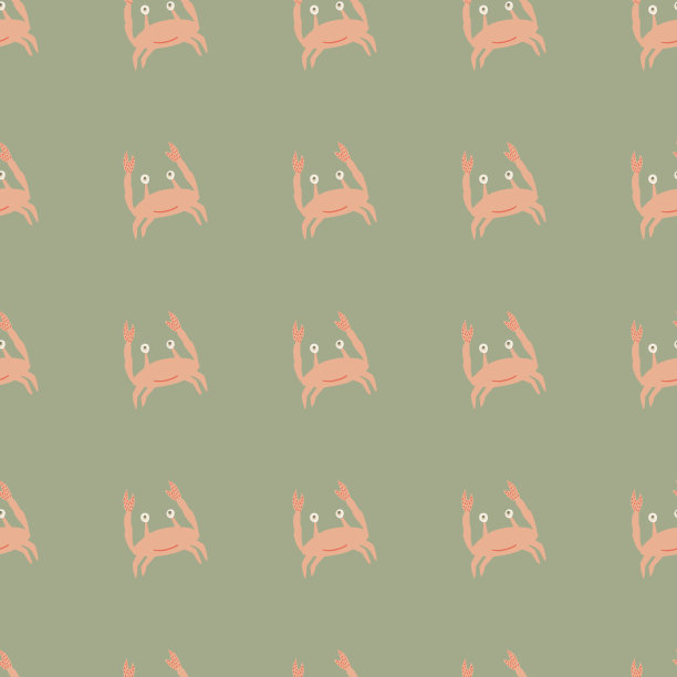 蟹式简单的粉色轮廓无缝的淡色图案。亮绿色背景。自然背景。图片下载