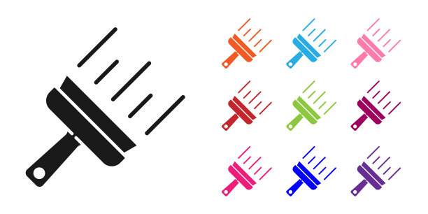 黑色清洁服务与橡胶清洁剂的窗口图标隔离在白色背景。刮刀,刮刀,刮水器。设置图标丰富多彩。向量图片下载