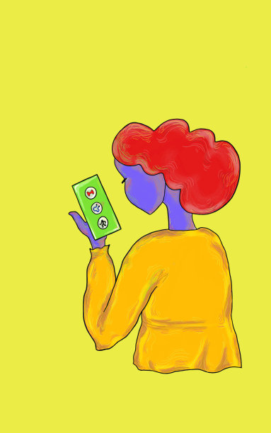 黄色背景的女孩在用她的健身应用。图片下载