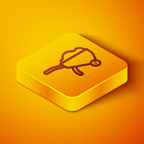 等距线与污垢图标隔离在橙色背景上的手推车。工具设备。农业手推车车轮农场。黄色正方形按钮。向量图片下载