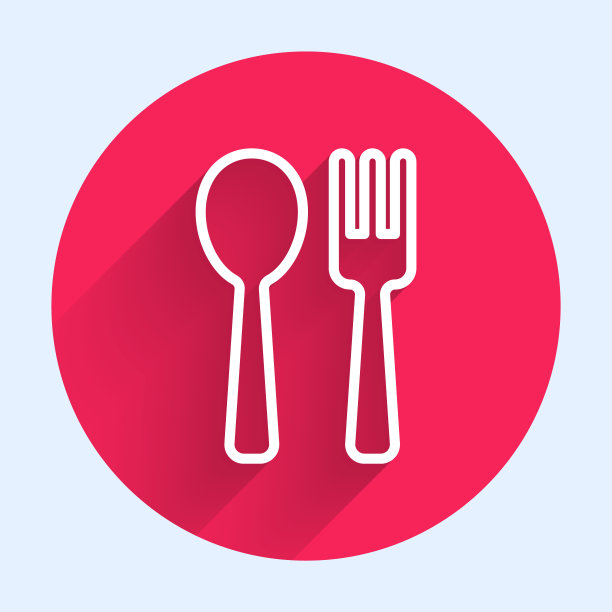 白色线叉子和勺子图标孤立与长阴影。烹饪用具。餐具的迹象。红色圆圈按钮。向量图片下载