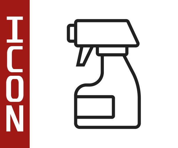黑色线条清洗喷瓶与清洁剂液体图标隔离在白色背景上。去污剂。向量图片下载