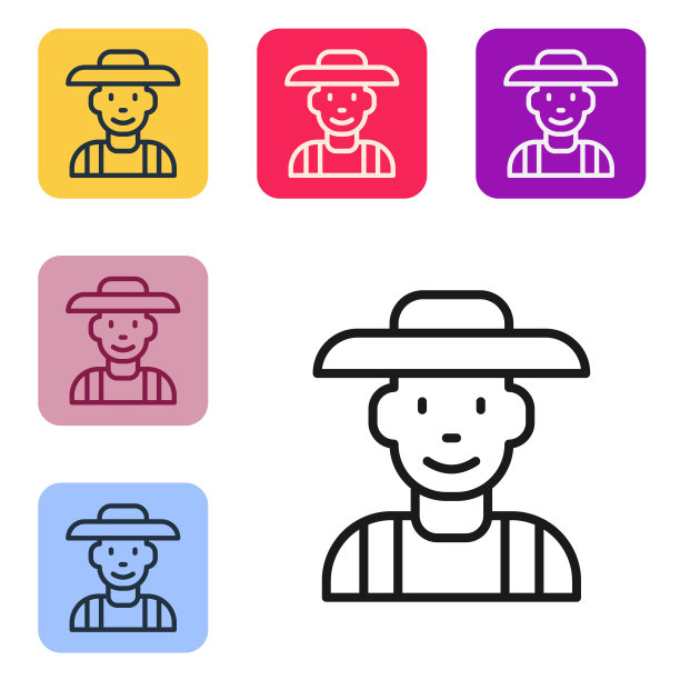 黑线农民在帽子图标孤立在白色背景上。设置图标的颜色方形按钮。向量图片下载